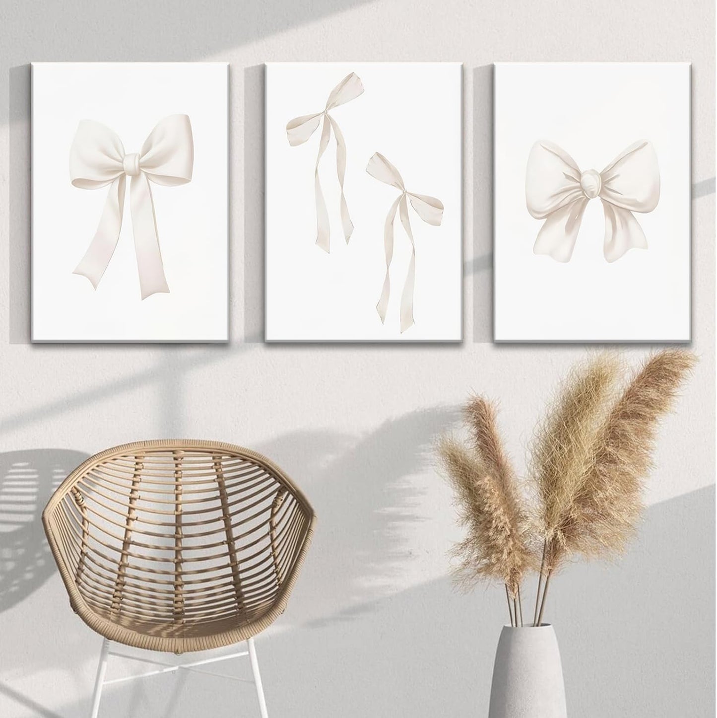 Djmwtb Preppy Bow Canvas Wall Art Beige Coquette Poster Prints Set of 3 Girly Apartment Aesthetic Pictures College Dorm Painting Decor for Girls Bedroom 16x24in Framed