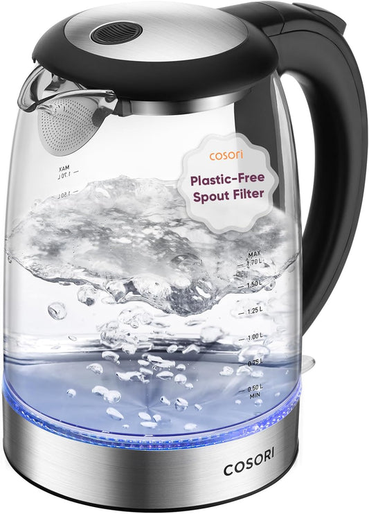 Cosori Electric Kettle, No Plastic Filter & Spout, 1.8Qt Tea Kettle & Hot Water Boiler For Coffee & Tea, Water Heater & Teapot, Automatic Shut Off, Borosilicate glass, Black, 1500W