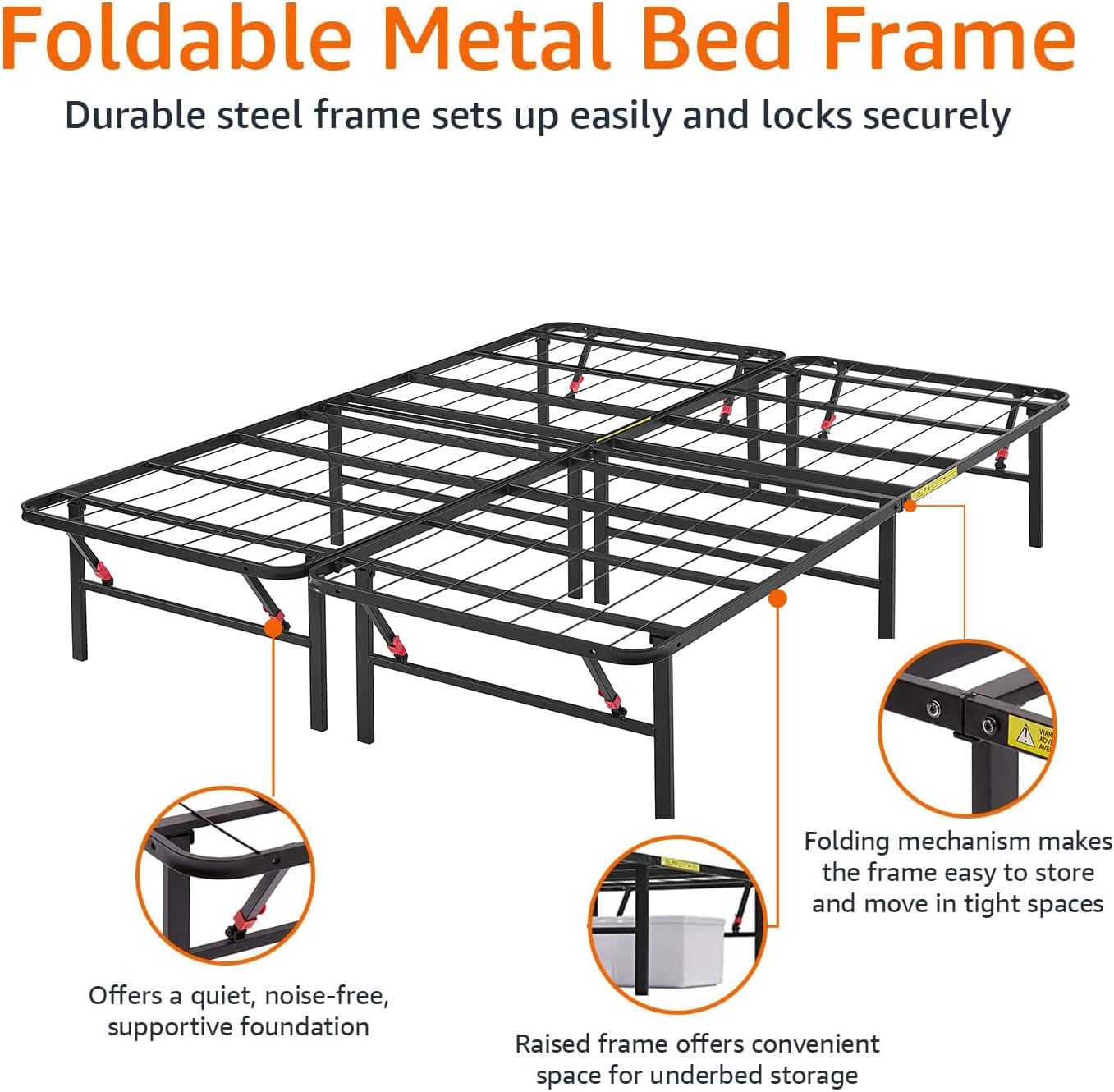Amazon Basics QUEEN Foldable Metal Platform Bed Frame with Tool Free Setup, 14 Inches High, Sturdy Steel Frame, No Box Spring Needed - Retail $95