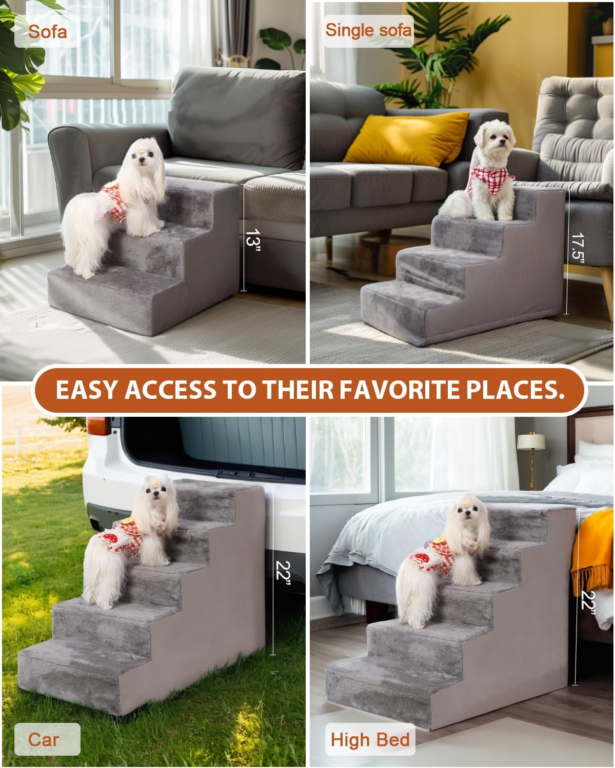 Dog Stairs for Small Dogs,17.5" H,4-Step Pet Stairs for High Beds and Couches，Dog Steps with Non-Slip Bottom and High-Density Foam Indoor Outdoor,Dark Grey