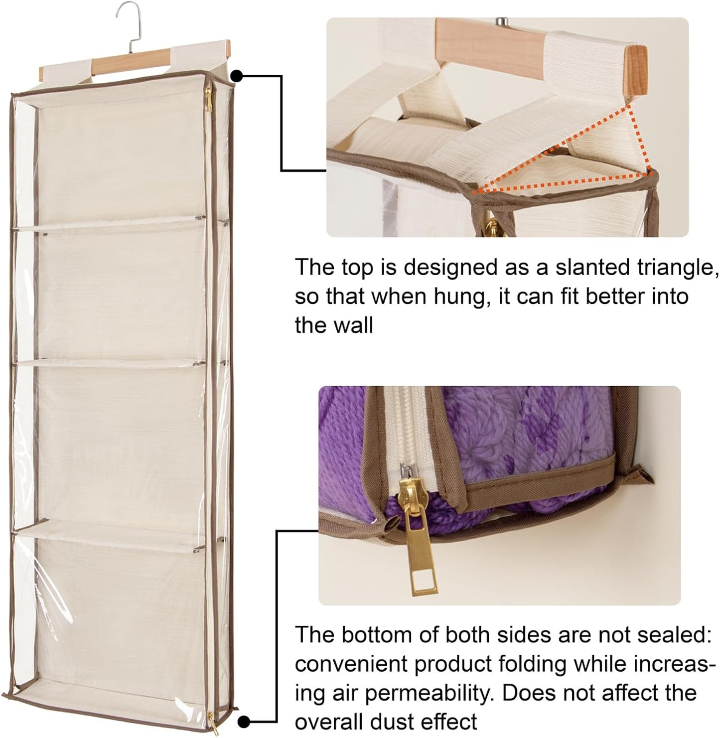 Hanging Yarn Storage with 4 Large Pockets, Clear Knitting Organizer Storage with Zippers for Crochet Lovers, Hanging Yarn Holder with Over-Door Hooks for Knitting Needles Crochet Hooks