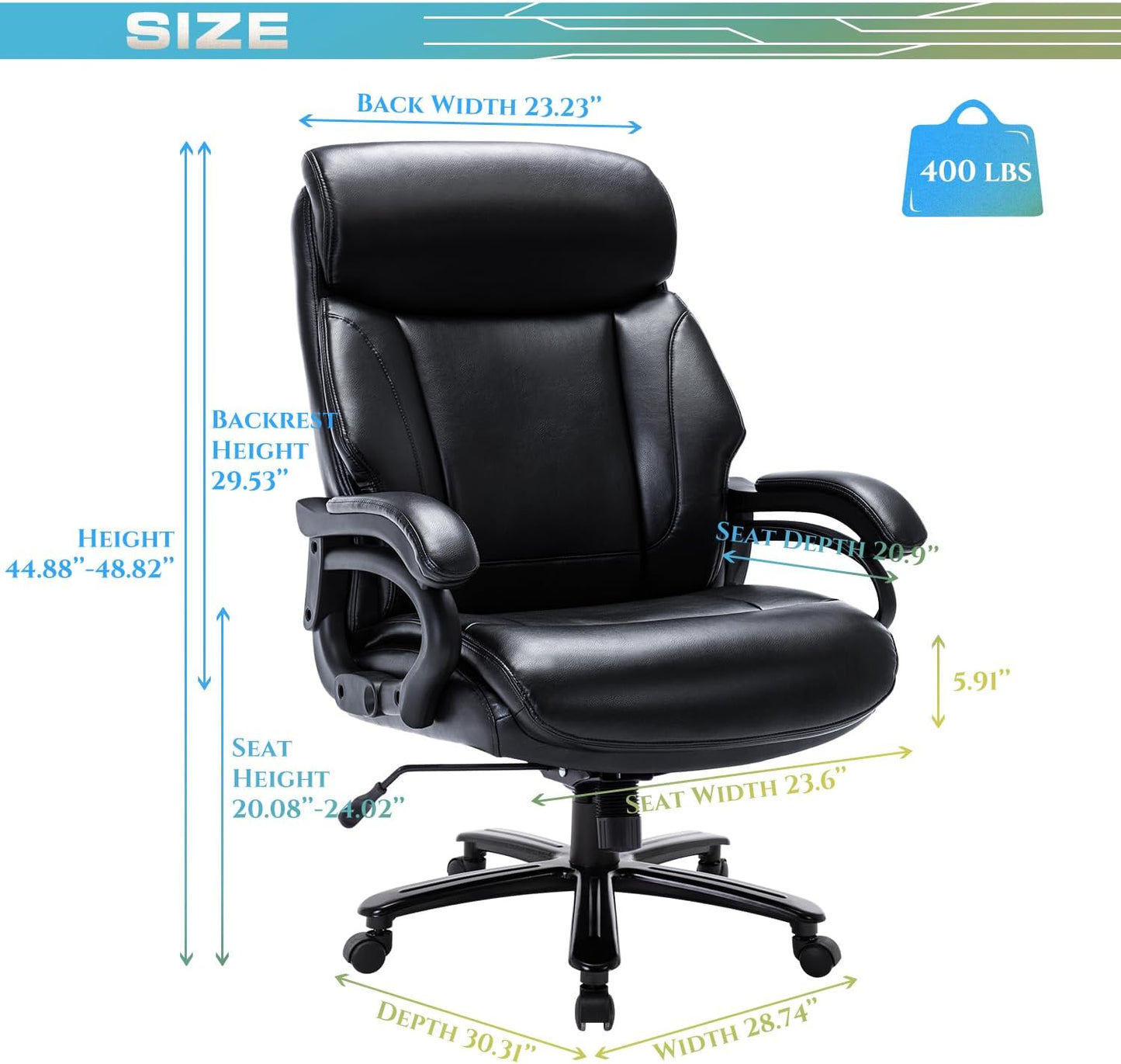 NEW - Big and Tall Office Chair 400lbs-Heavy Duty Executive Desk Chair with Extra Wide Seat, High Back Ergonomic Leather Computer Chair with Tilt Rock&Tension, Padded Armrests-Black - Retail $180