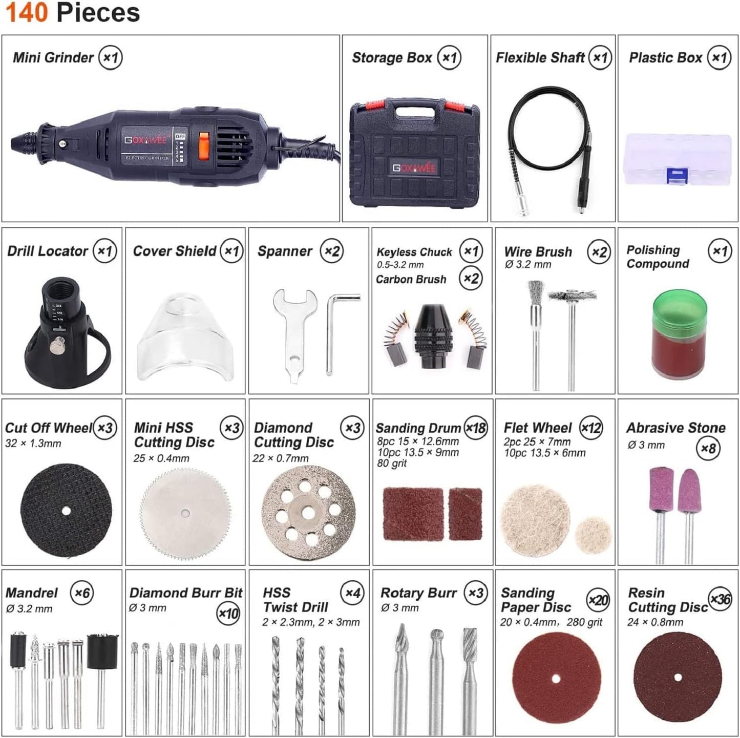 NEW - GOXAWEE Rotary Tool Kit with MultiPro Keyless Chuck and Flex Shaft -140pcs Accessories Variable Speed Electric Drill Set for Handmade Crafting Projects and DIY Creations - Retail $59