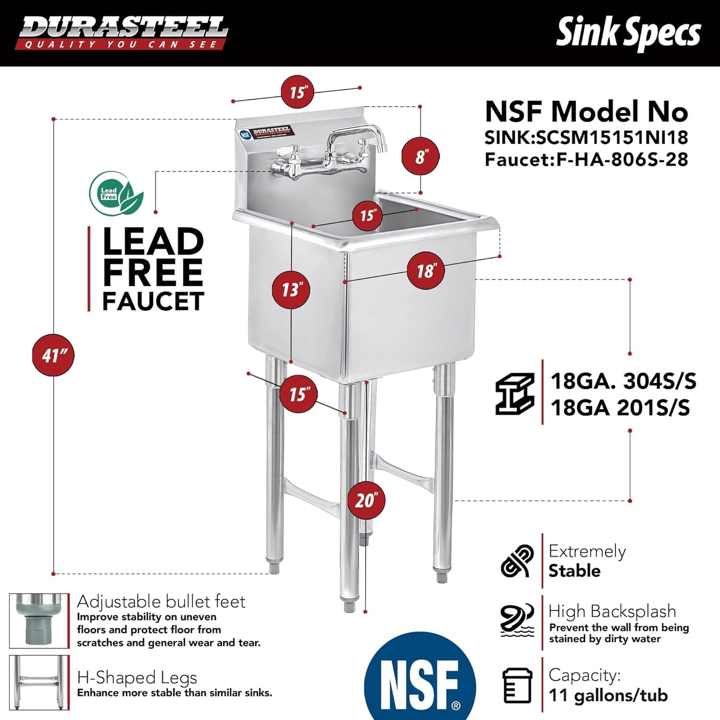 NEW - Stainless Steel Prep & Utility Sink - DuraSteel 1 Compartment Commercial Kitchen Sink - NSF Certified - Single 15" x 15" Inner Tub with No Lead Faucet (Restaurant, Kitchen, Laundry, Garage) - Retail $368