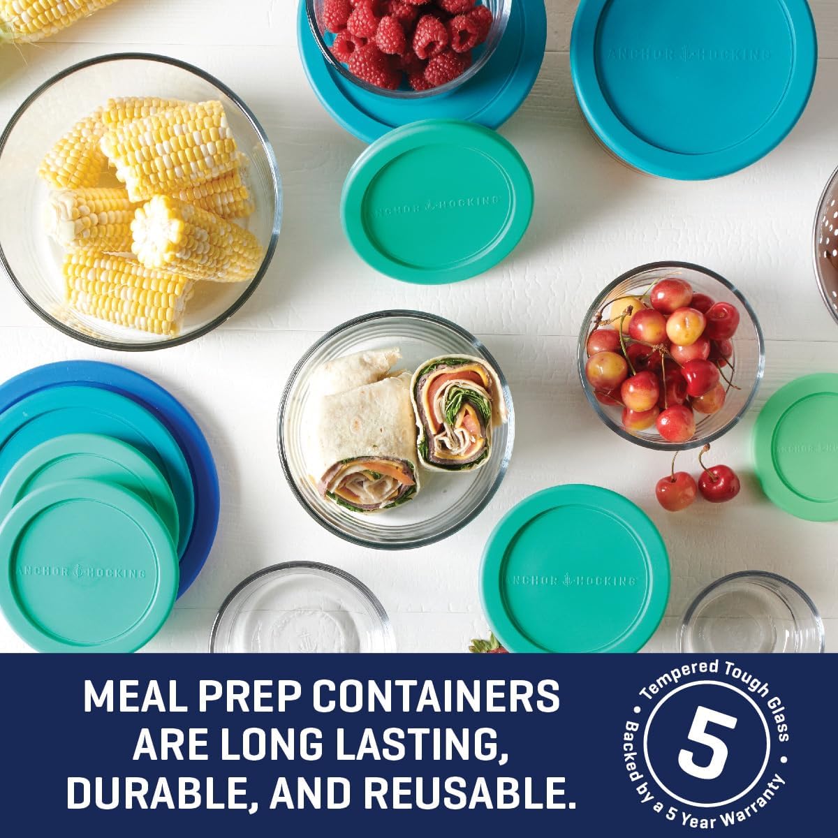 Anchor Hocking 18 Piece Glass Storage Containers with Lids (9 Glass Food Storage Containers & 9 Mixed Blue SnugFit Lids)