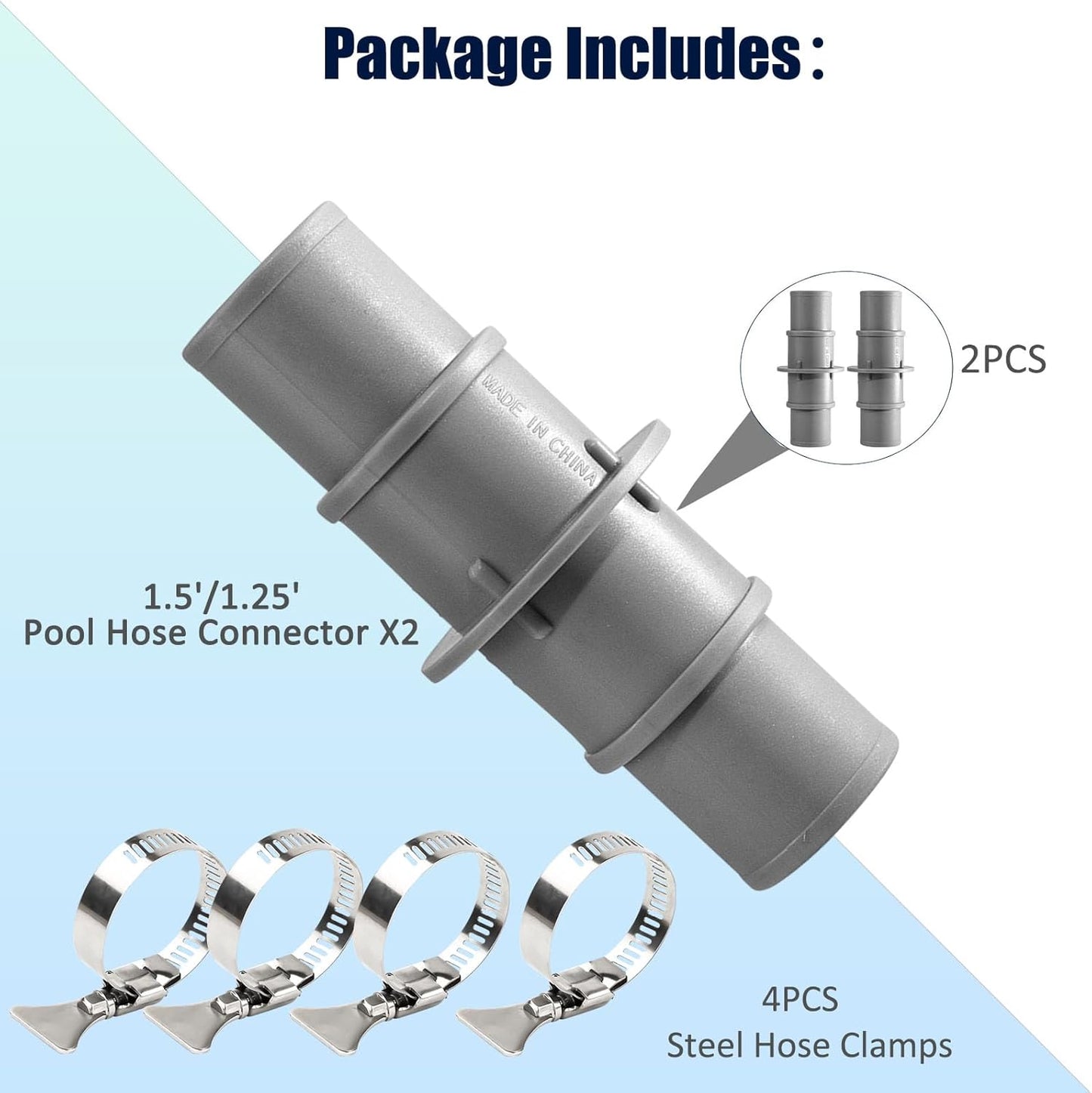 NICENICY Pool Hose Connector, 1.5" or 1.25" Pool Hose Connector Coupling with 4PCS Steel Clamps, Pool Hose Adapter for Swimming Pool Vacuum or Filter Pump Hoses, 2PCS