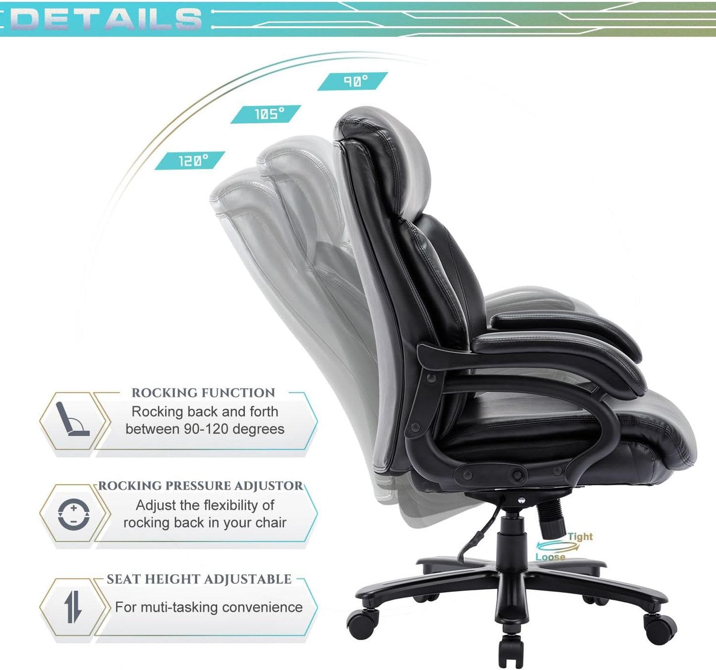 NEW - Big and Tall Office Chair 400lbs-Heavy Duty Executive Desk Chair with Extra Wide Seat, High Back Ergonomic Leather Computer Chair with Tilt Rock&Tension, Padded Armrests-Black - Retail $180