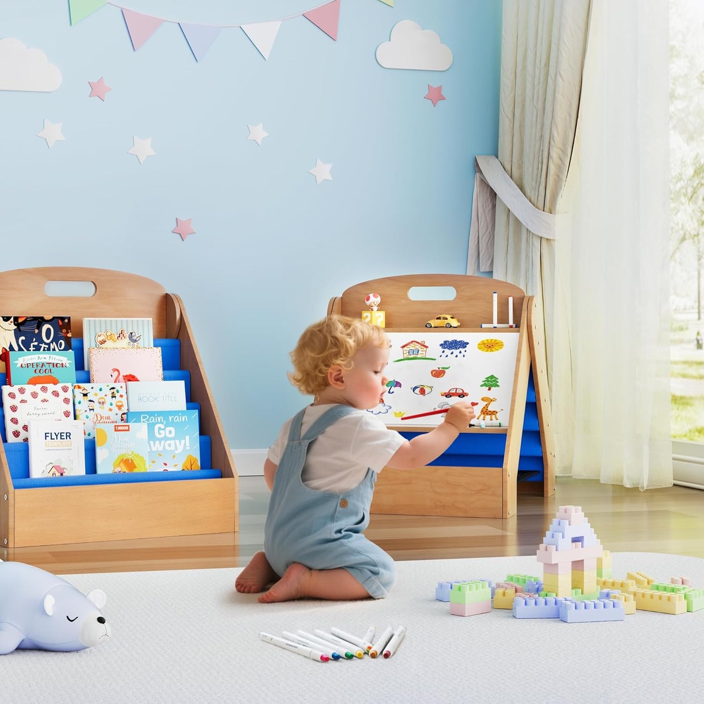 ZIFTY Kids Bookshelf 2-in-1 Design Book Organizer and Easel for Kids, Montessori Book Shelf for Kids Rooms, 4 Tier Bookcase for Age 3+ Girl Boy´s Bedroom Decor, Storage for Small Toys, Blue