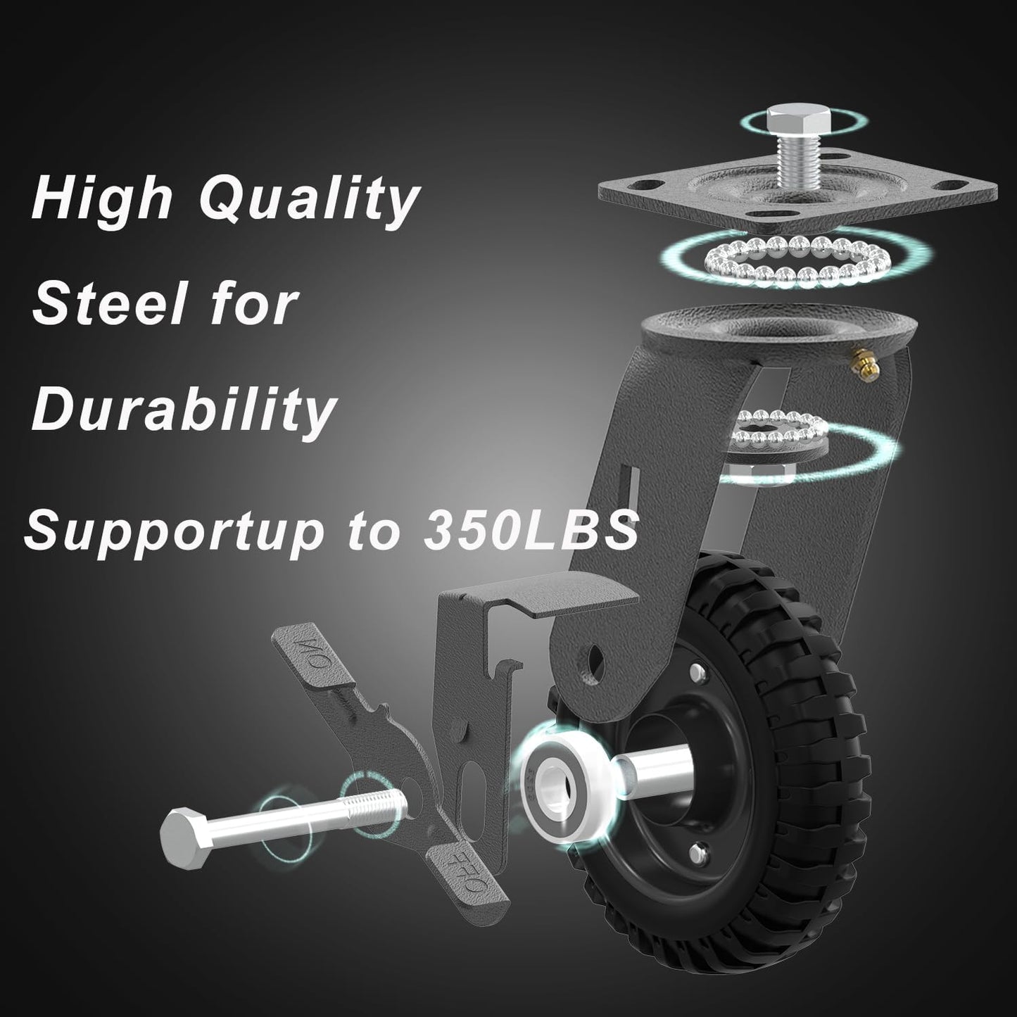 Heavy Duty Caster Wheel 8 Inch,Plate Caster Swivel 2 Pack 700lb Capacity,Solid Rubber,Cast Iron,Brake Casters for Flat Carts,Workbench,Dolly,Trolley
