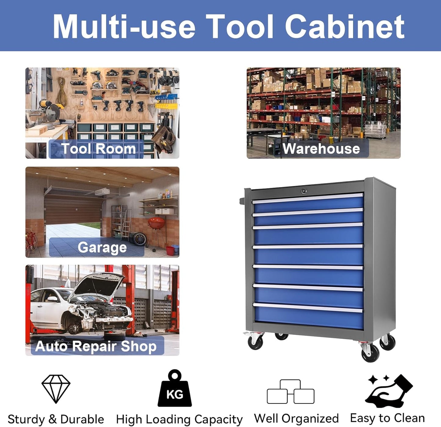 NEW - 7-Drawer Tool Chest with Wheels, Rolling Tool Chest with Drawers, Top Cushion & 7PCS Tray Divider Set, Multifunctional Craftsman Tool Storage Chest for Garage, Warehouse, Workshop, Repair Shop,Blue - Retail $209