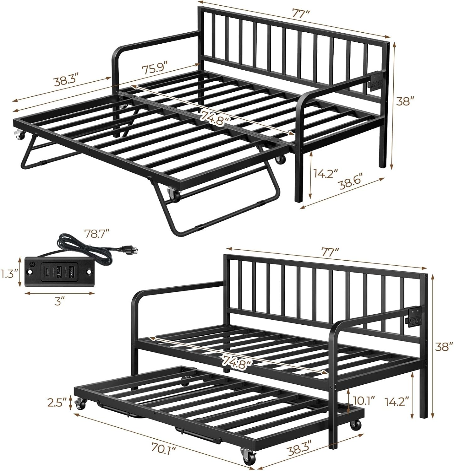 Rolanstar Daybed with Charging Station and LED Lights, Height Adjustable Twin Daybed with Trundle, Metal Sofa Bed Frame with Steel Slat Support for Living Room, Bedroom and Guest Room, Black