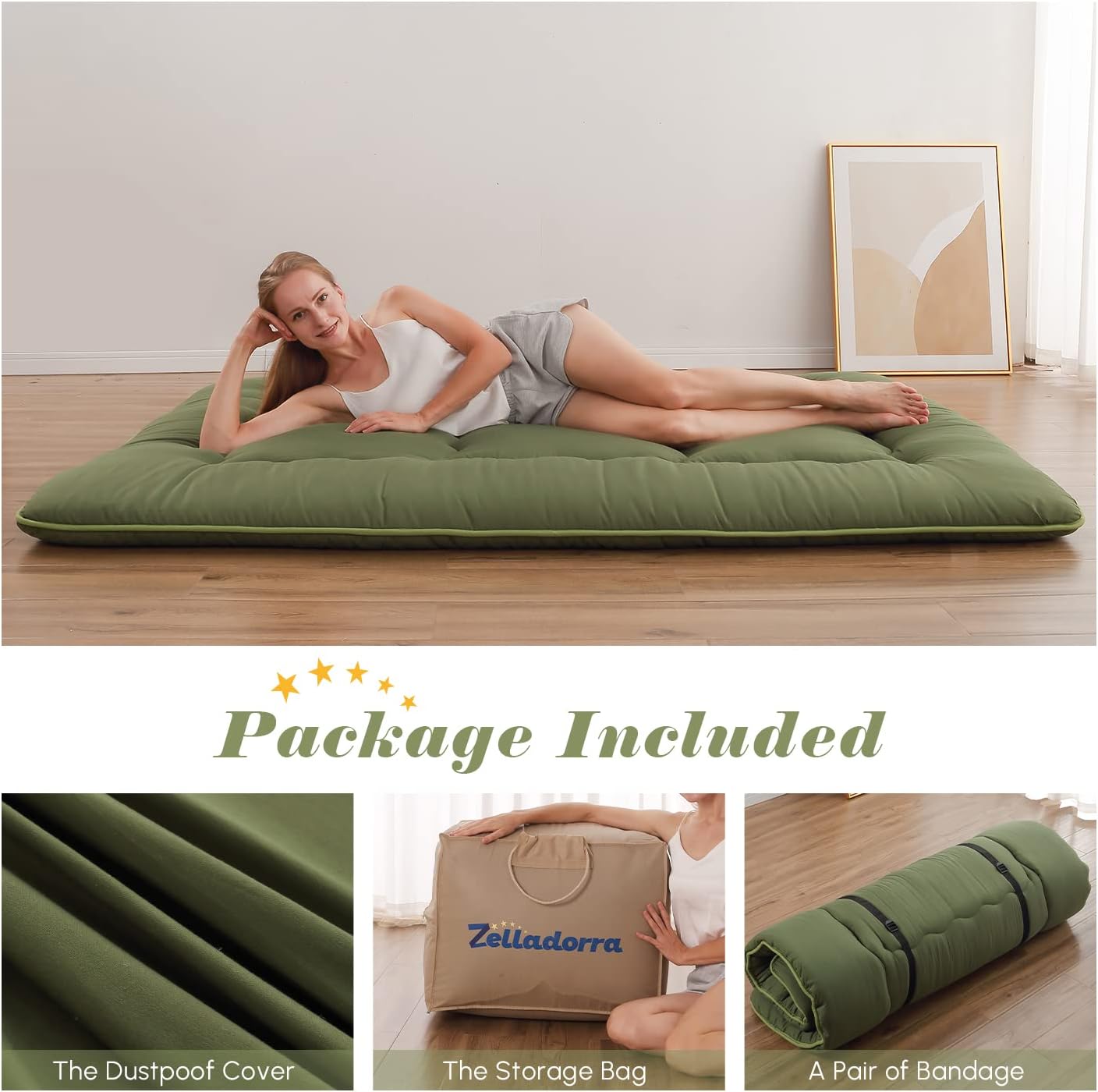 NEW - Japanese FULL Floor Mattress, Futon Mattress with Portable Storage Bag and Washable Cover, Roll Up Thick Tatami Mat Suitable for Camping, Guest Room, Green