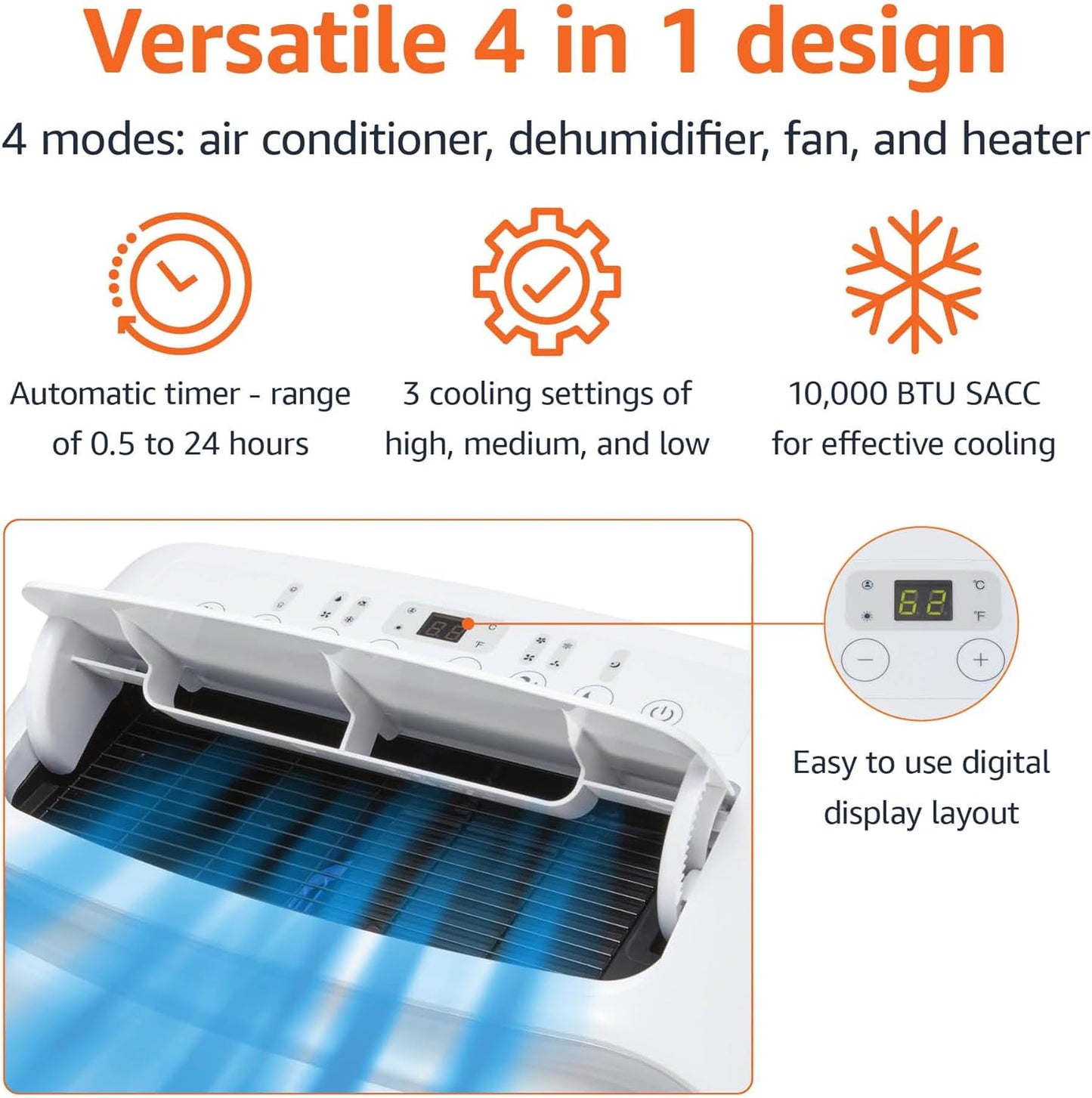 Amazon Basics 4-In-1 Portable AC (Air Conditioner), with Cool/Heat/Dry (Dehumidifier)/Fan-Only Functions, Auto Mode, Sleep Mode, Timer, Cools 550 Sqf, 13,000 BTU (ASHARE)/10000 BTU (SACC), White