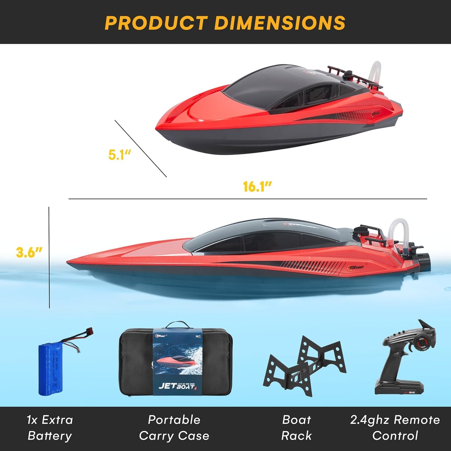 Top Race High-Speed Plastic RC Boat - Rechargeable Battery - 100 M Range - Jet Motor - Low Resistance Hull - Mini RC - Red