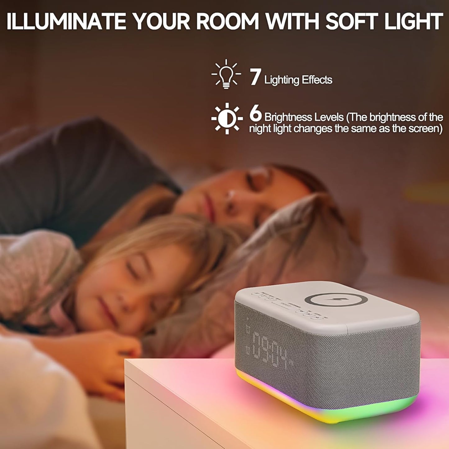 Alarm Clock Speaker Wireless Charger, Digital Alarm Clocks Bedrooms Bluetooth, Alarm Clock Dimmable Light Bedrooms Dual Alarm Snooze Dimmer 12 24H RGB Night Light Bluetooth USB AUX, White
