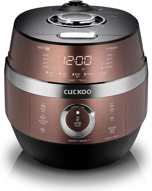 CUCKOO CRP-JHR0609F 6-Cup (Uncooked) / 12-Cup (Cooked) Induction Heating Pressure Rice Cooker with Nonstick Inner Pot, 16 Menu Options, Fuzzy Logic Tech, 3 Voice Guide, Auto Clean (Copper/Black) - Retail $450