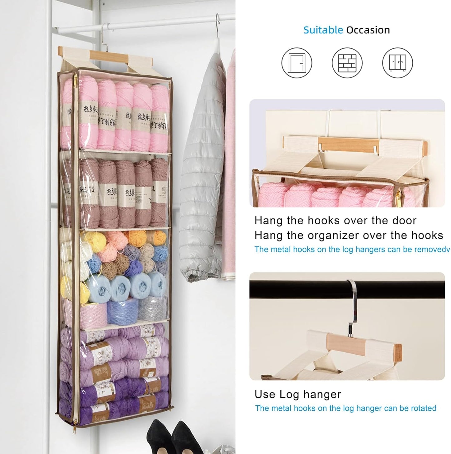 Hanging Yarn Storage with 4 Large Pockets, Clear Knitting Organizer Storage with Zippers for Crochet Lovers, Hanging Yarn Holder with Over-Door Hooks for Knitting Needles Crochet Hooks