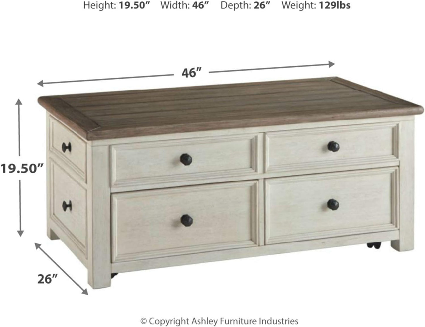 NEW - Signature Design by Ashley Bolanburg Farmhouse Lift Top Coffee Table with Drawers, Antique Cream & Brown - Retail $500