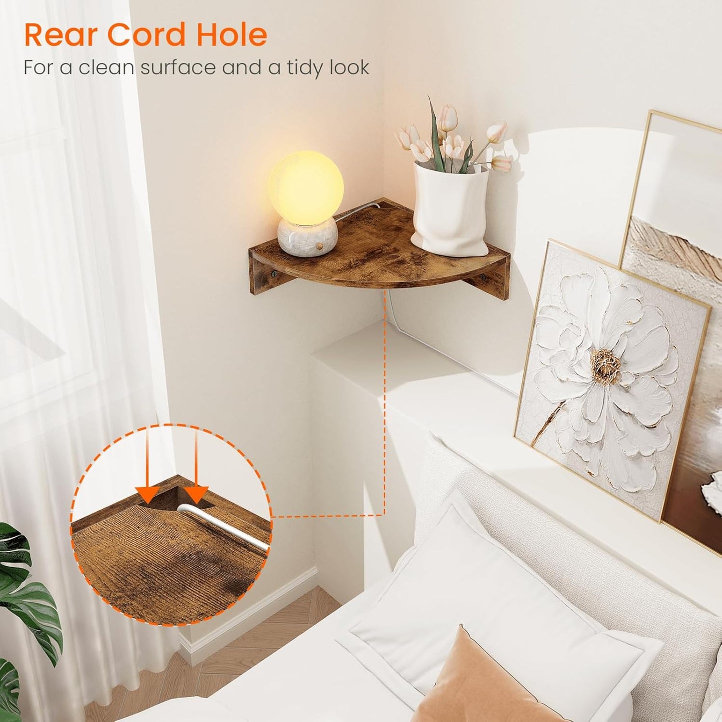 Homode Corner Floating Shelves, Set of 3 Corner Wall Shelves for Storage and Display, 3 Tier Wood Hanging Shelf Organizer for Cable Box, for Bedroom, Bathroom, Kitchen, Rustic Grey