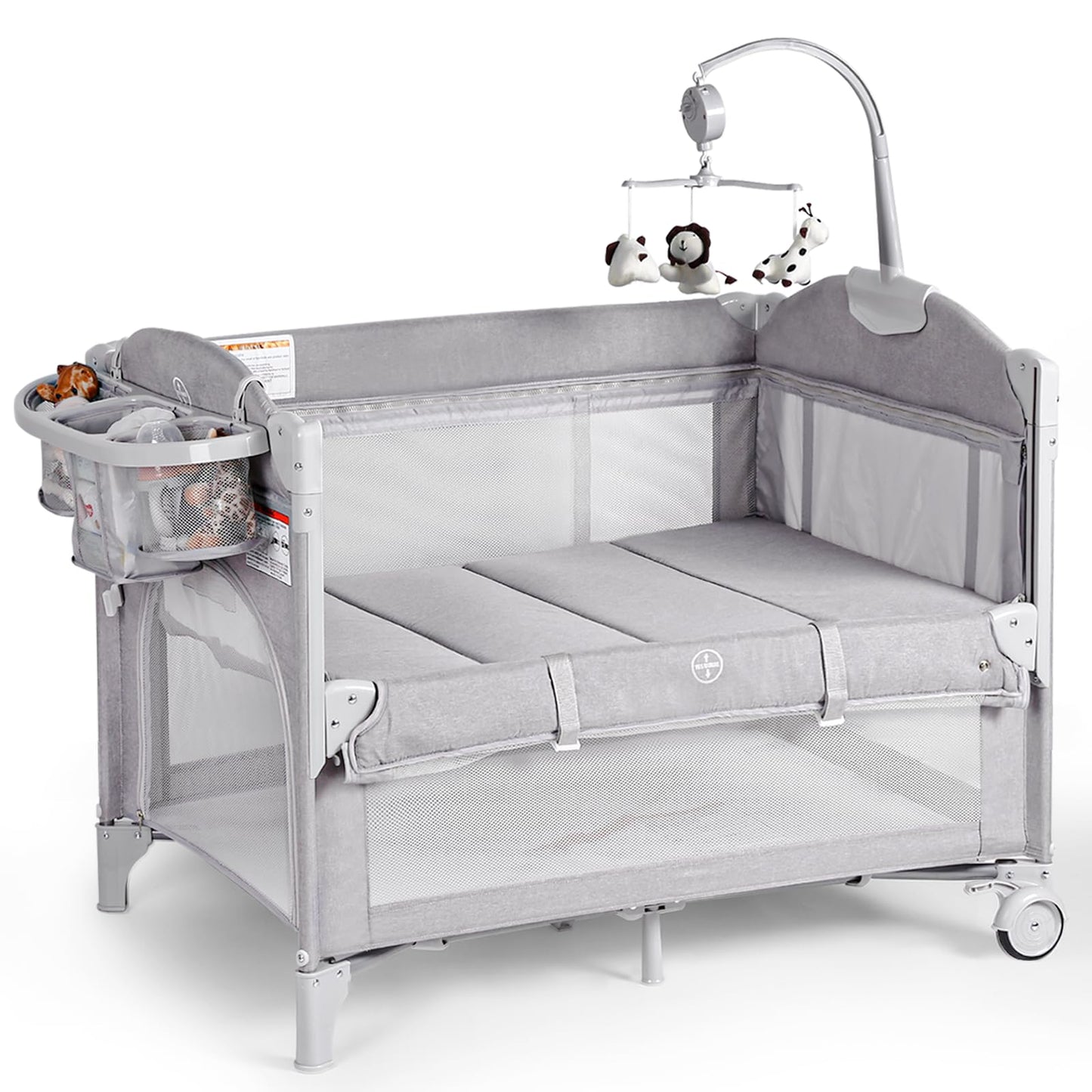 Baby Bassinets Bedside Sleeper, 4 in 1 Portable Bedside Crib w/Mattress, Diaper Changer, Storage Basket, Music Box, Carry Bag, Foldable Playard Sleeper for Newborn (Light Gray)