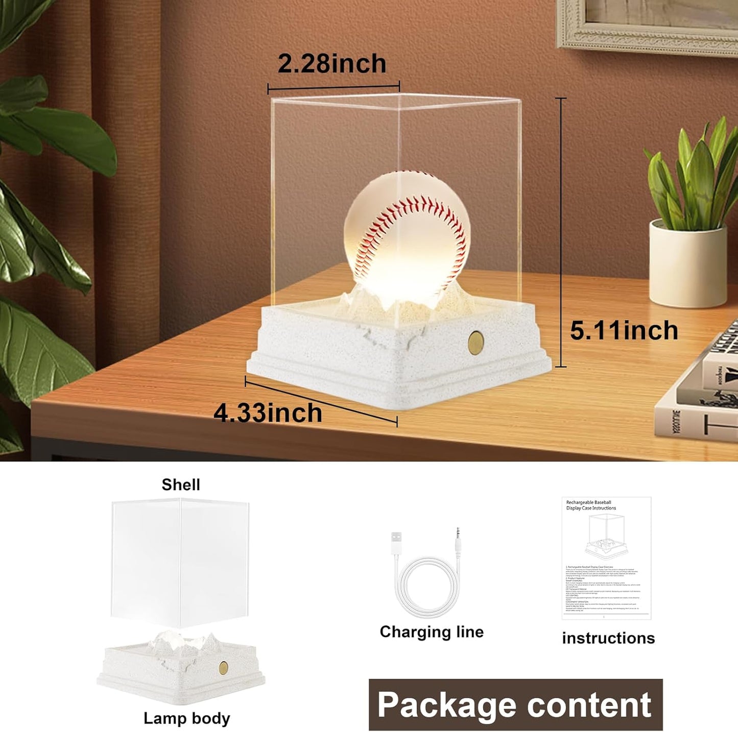 Baseball Display Case with LED Light, Rechargeable 3-Color Dimmable Lighting (3000K-6000K) with UV Protection & Weighted Concrete Base, Memorabilia Stand for Softball, Tennis, Golf