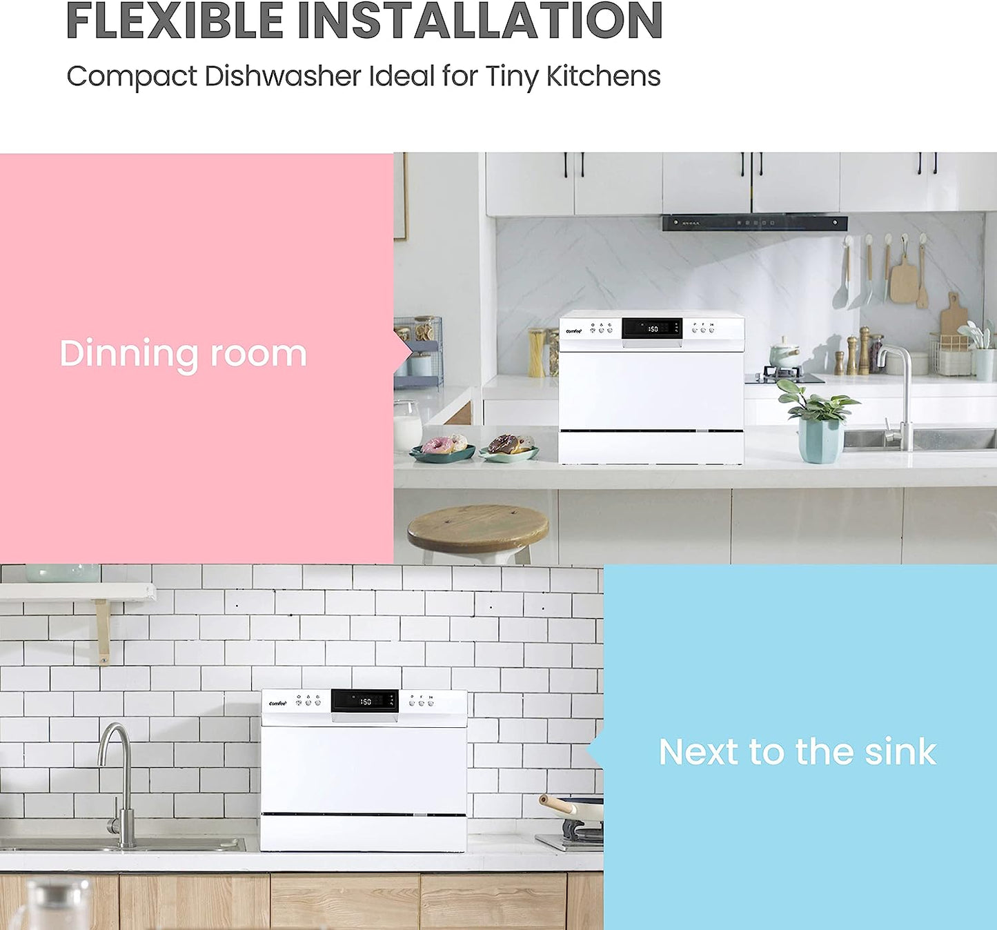 COMFEE Portable Mini Dishwasher, Energy Star, Countertop, 6 Place Settings, with 8 Washing Programs, Speed, Baby-Care, ECO& Glass, Dish Washer for Dorm, RV & Apartment,