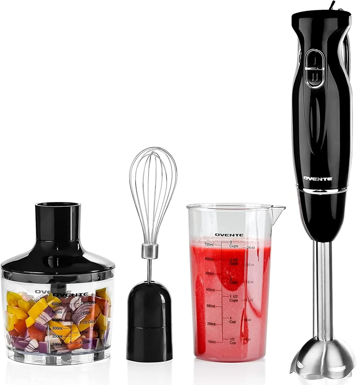 OVENTE Immersion Hand Blender, 300W Electric Handheld Portable Stick Mixer Set with 2 Mixing Speed, Stainless Steel Blades, Egg Whisk Attachment, Mixing Beaker and BPA-Free Food Chopper, Black HS565B
