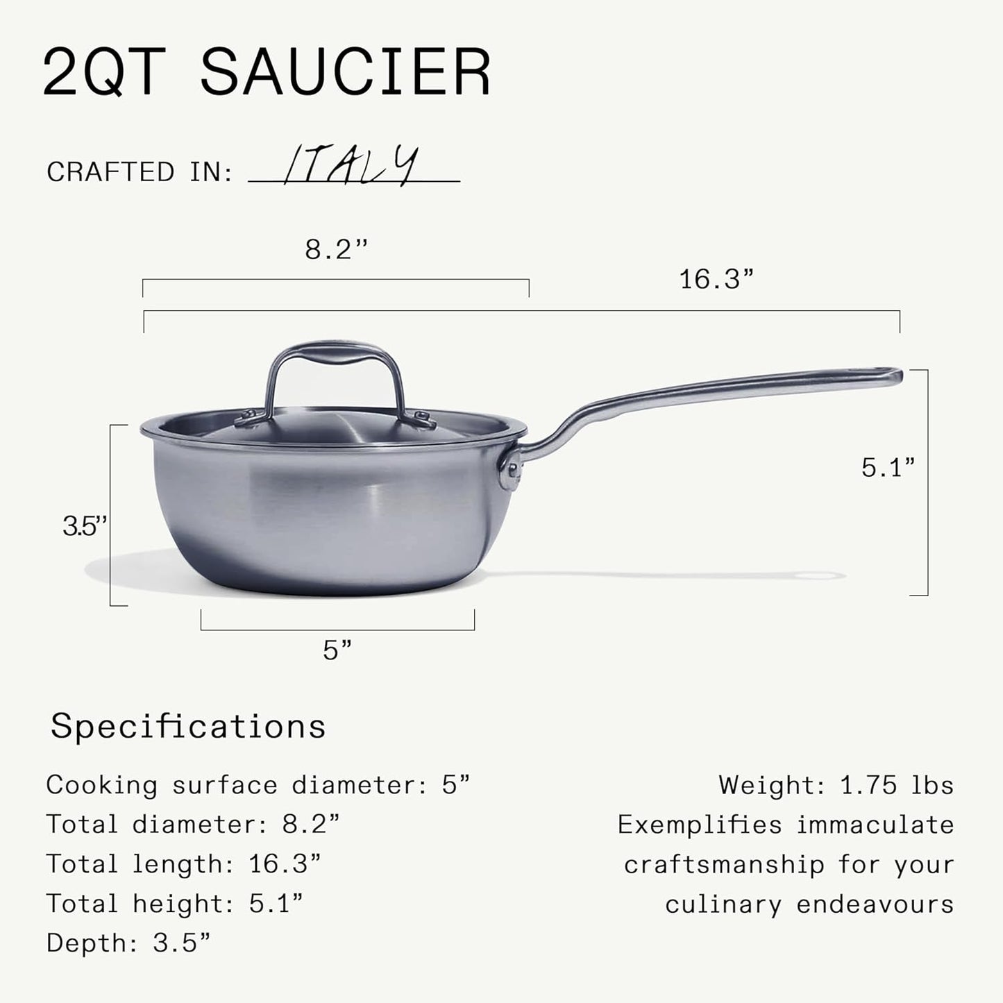 Made In Cookware - 2 Quart Stainless Steel Saucier Pan - 5 Ply Stainless Clad - Professional Cookware - Crafted in Italy - Induction Compatible
