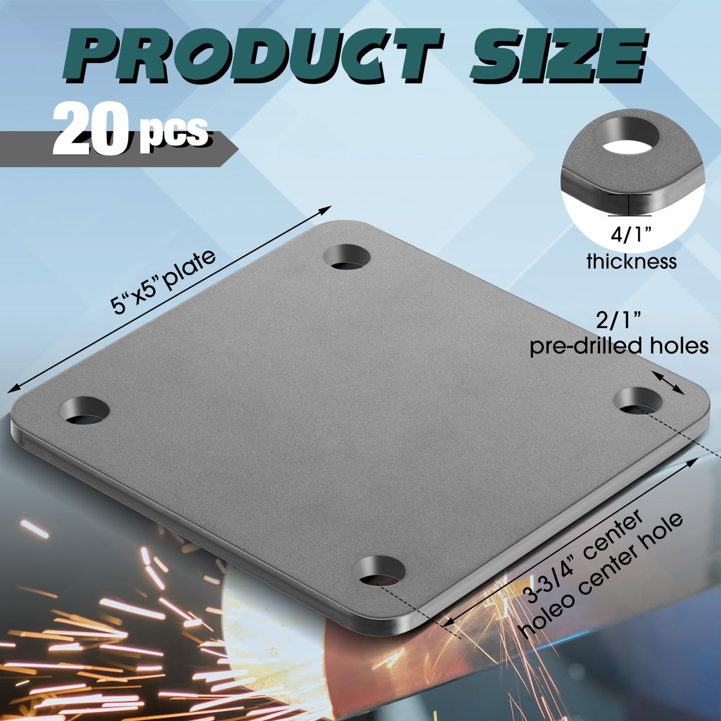 20 Pcs A36 Steel Plate Hot Rolled Steel Plate Base with 4 Holes 3/8 Inch Diameter, 3/16 Inch Thick Weldable Metal Sheet for Structure Support and Industrial Use (4 x 4 Inch)