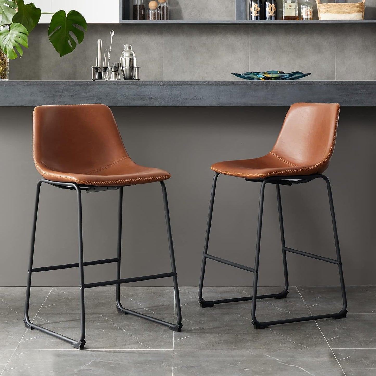 NEW - Sweetcrispy Counter Height Bar Stools Set of 4, Modern Counter Stool Faux Leather Barstools with Back, 26 inch Seat Height Island Stools Countertop Comfortable Brown Bar Chairs with Metal Legs - Retail $179