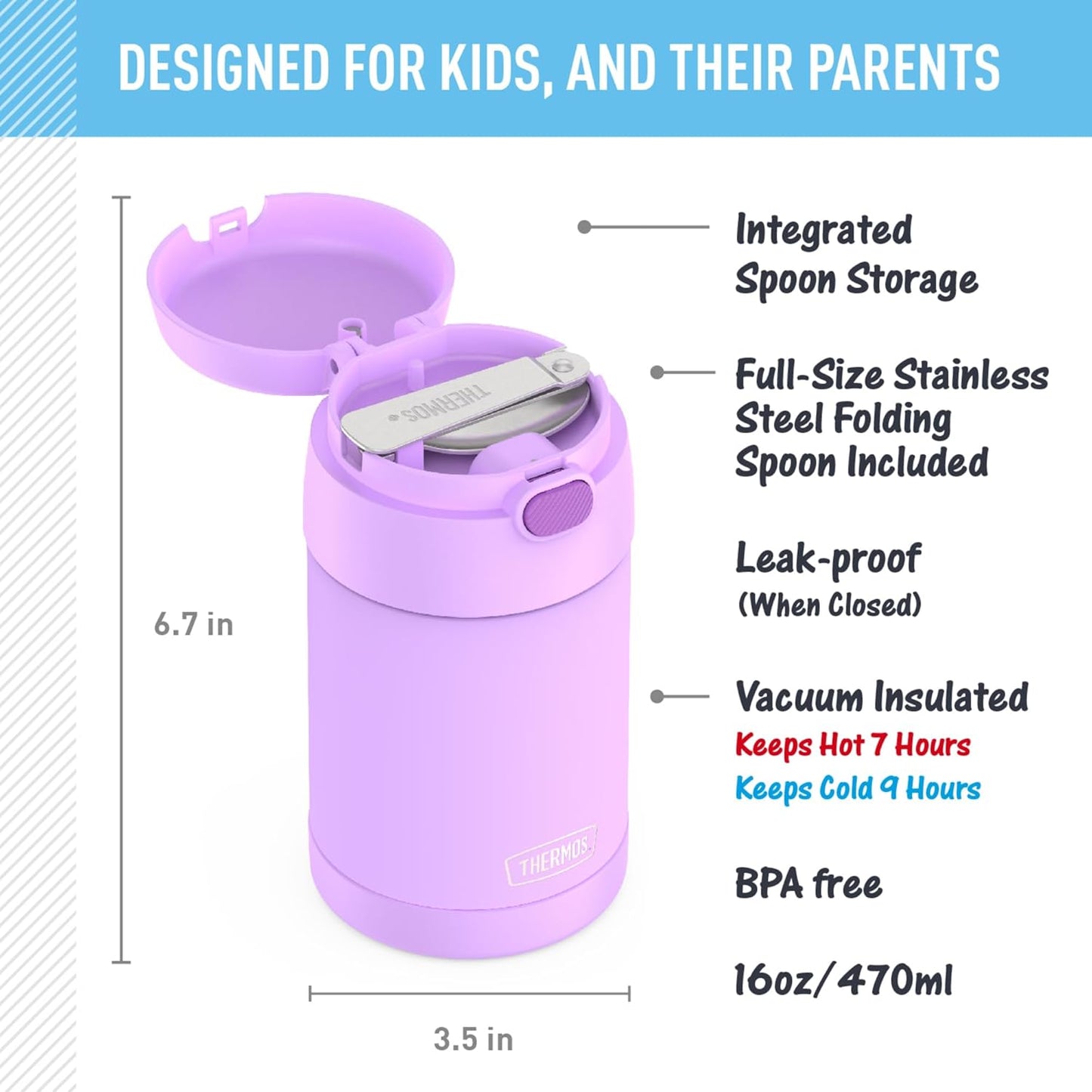 THERMOS FUNTAINER 16 Ounce Stainless Steel Vacuum Insulated Food Jar with Folding Spoon, Neon Purple - Retail $23
