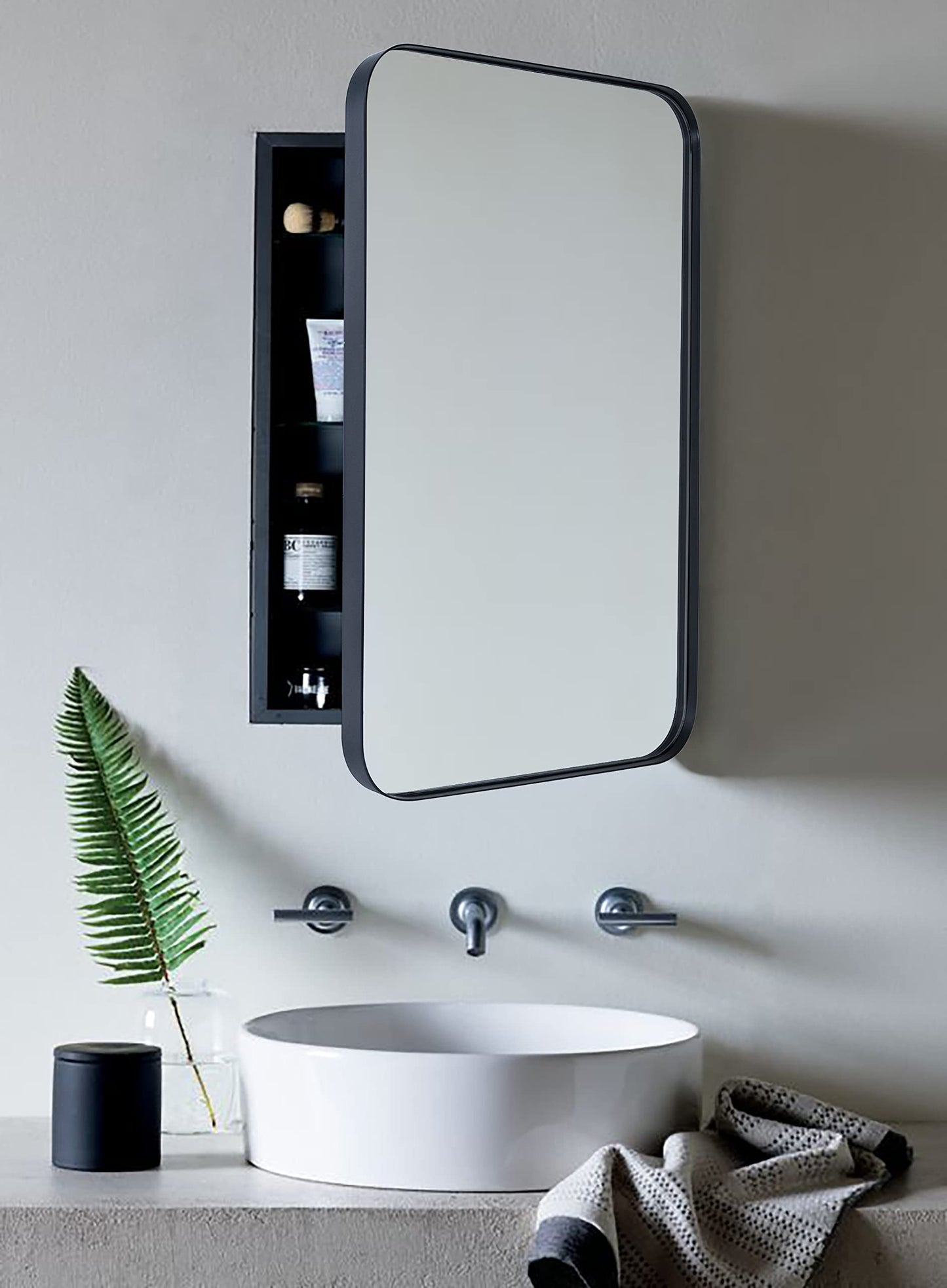 NEW - w/ Only One Shelf - Matt Black Rectangle Recessed Bathroom Medicine Cabinet with Mirror Stainless Steel Metal Framed Rounded Rectangular Bathroom Cabinet with Mirror 20x30''
