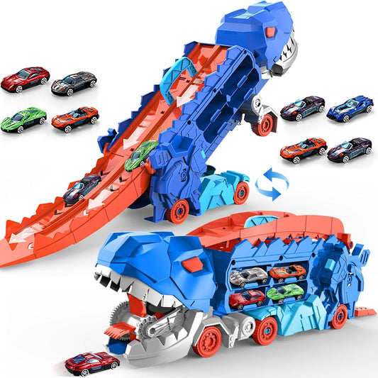 City Dinosaur Ultimate Hauler Track Toy for Boys, Transforms into Stomping Dinosaur with Race Track Ultimate Transporter Hauler Christmas Toys Gifts for Kids Ages 3 4 5 6 Years Old(4 Cars)