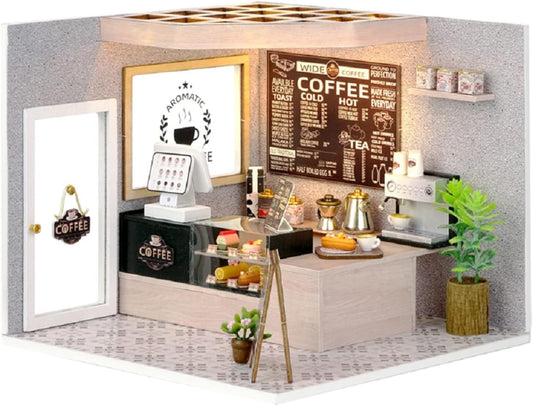 Flever DIY Miniature House Kit, Tiny Home Kit with LED Light, Mini House Build Craft Kits for Adults and Teens, Home Decor Creative Gift for Family/Friends (Leisurely Coffee Shop)