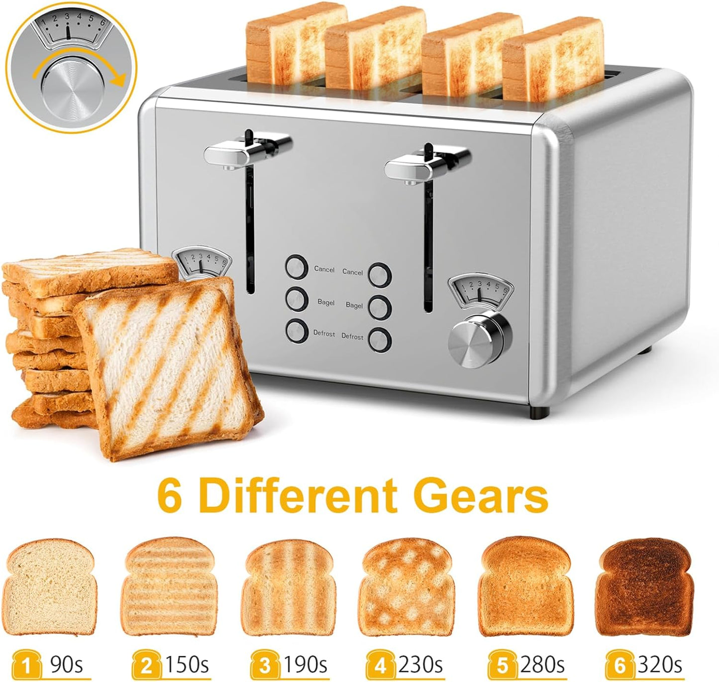 NEW - WHALL Toaster Stainless Steel, 6 Bread Shade Settings, Bagel/Defrost/Cancel Function, 1.5in Wide Slot, High Lift Lever, Removable Crumb Tray, for Various Bread Types - Retail $199