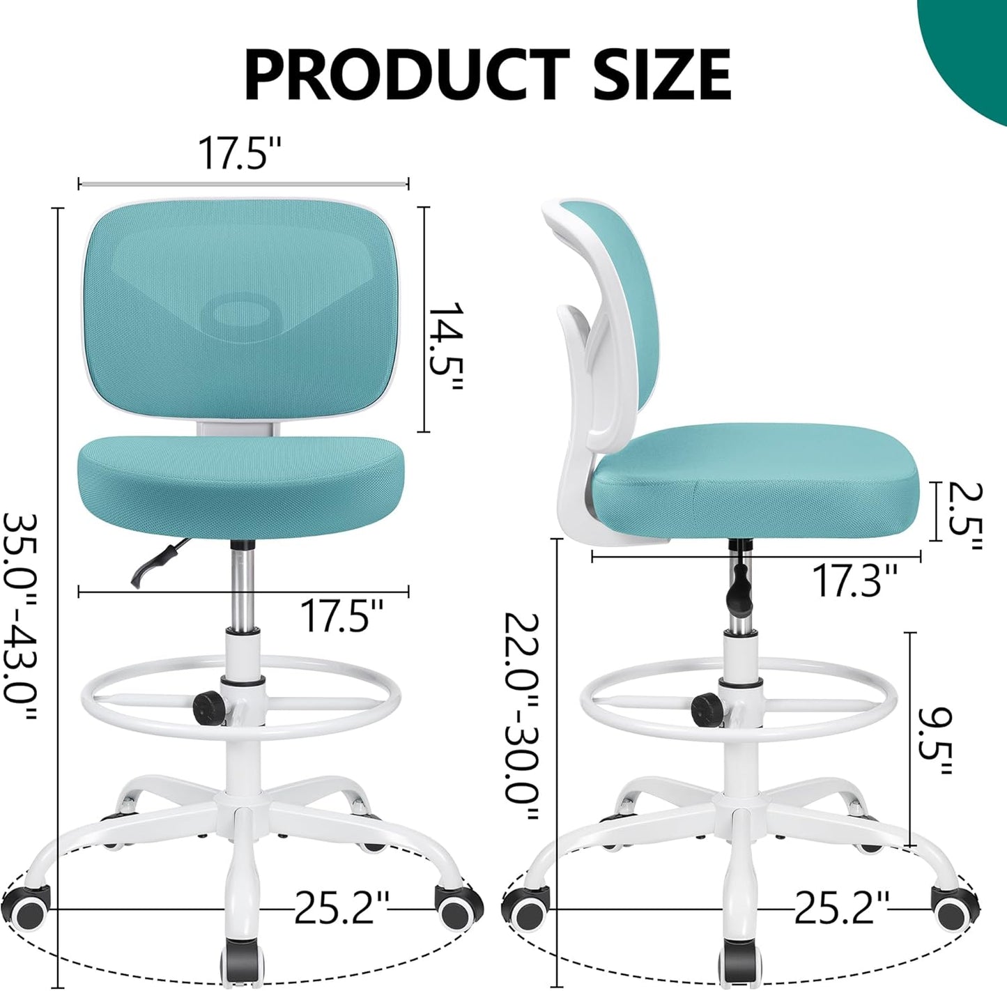Primy Office Drafting Chair Armless, Tall Office Desk Chair Adjustable Height and Footring, Low-Back Ergonomic Standing Desk Chair Mesh Rolling Tall Chair for Art Room, Office or Home(Teal)