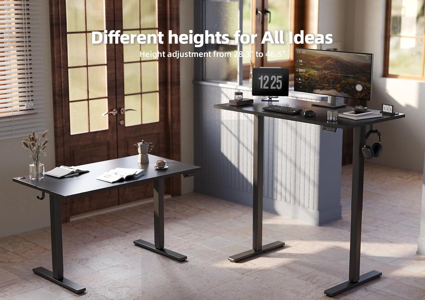 Seang Electric Standing Desk With Adjustable Height, 48x24 Inch, Sit Stand With Splice Board for Home Office Computer Workstation, Black Frame/Black Top