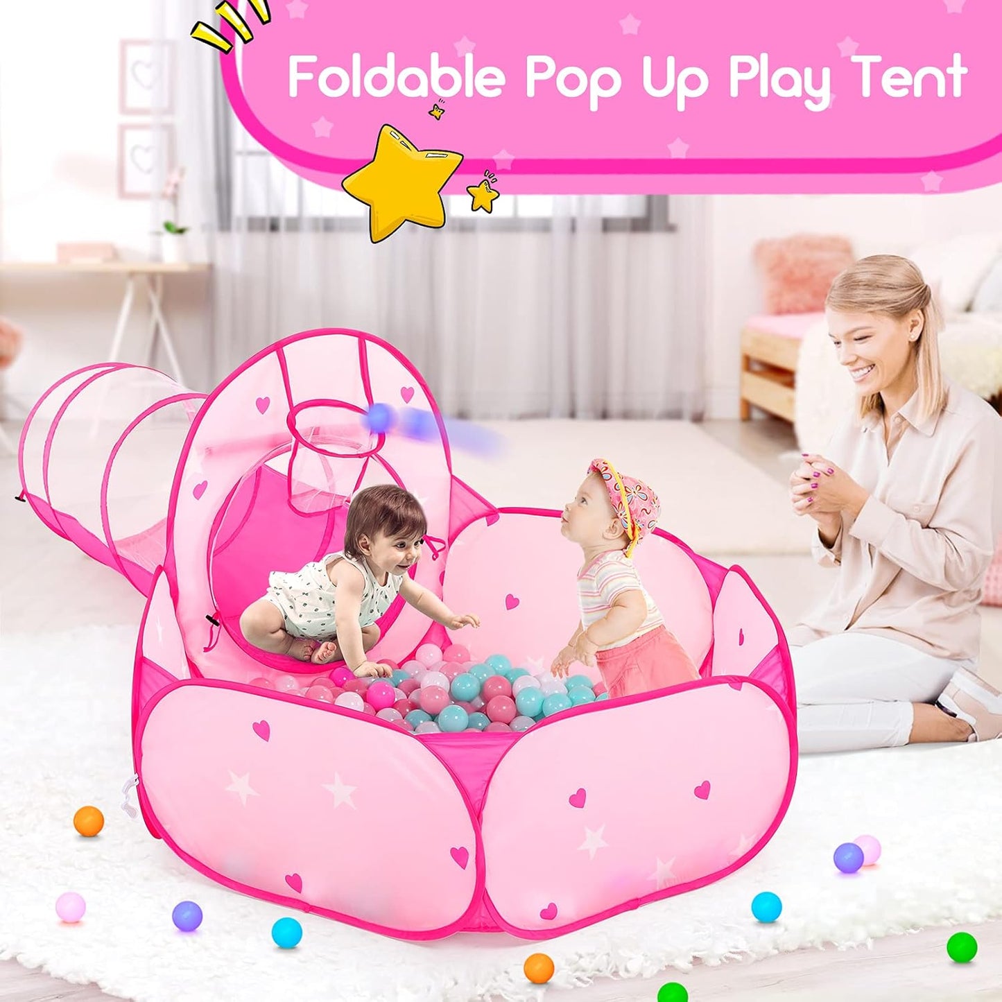 PigPigPen 3pc Kids Play Tent for Girls with Ball Pit, Crawl Tunnel, Princess Tents for Toddlers, Baby Space World Playhouse Toys, Boys Indoor& Outdoor Play House, Perfect Kid’s Gifts