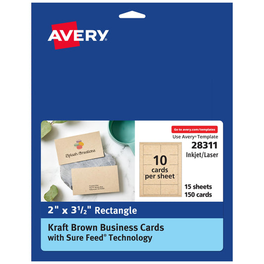 Avery Kraft Brown Business Cards with Sure Feed Technology, 2" x 3.5", Laser/Inkjet, 150 Printable Cards, Ideal for Appointments & Loyalty (28311)