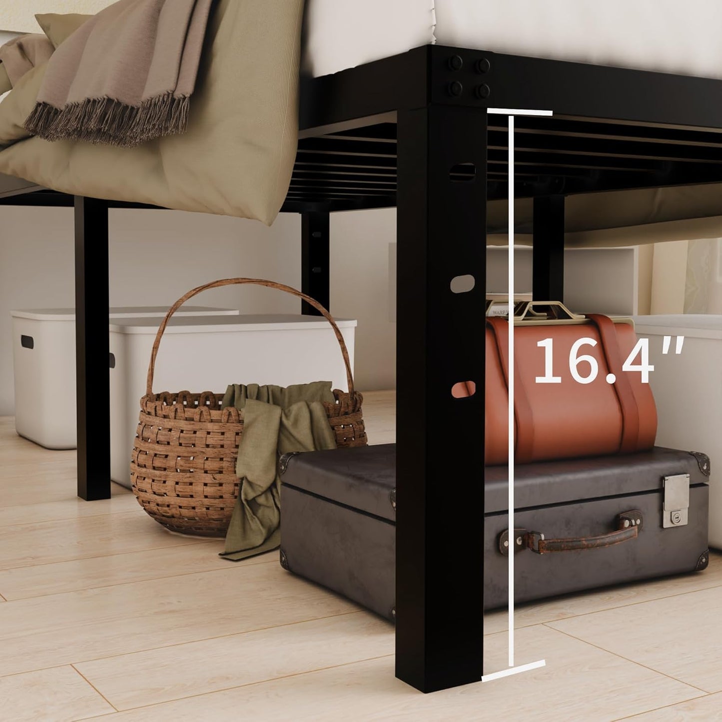 18 Inch QUEEN Metal Bed Frame, No Box Spring Needed - Easy Assembly Heavy Duty Noise Free Narrow Bedframes - Double Black Basic Steel Slats Platform with Storage - Retail $57