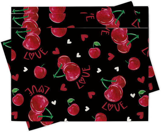 Valentines Day Cherry Black Placemats Set of 4, Love Hearts Dining Place Mats Table Decor, Anniversary Wedding Home Kitchen Decoration 12 x 18 Inch