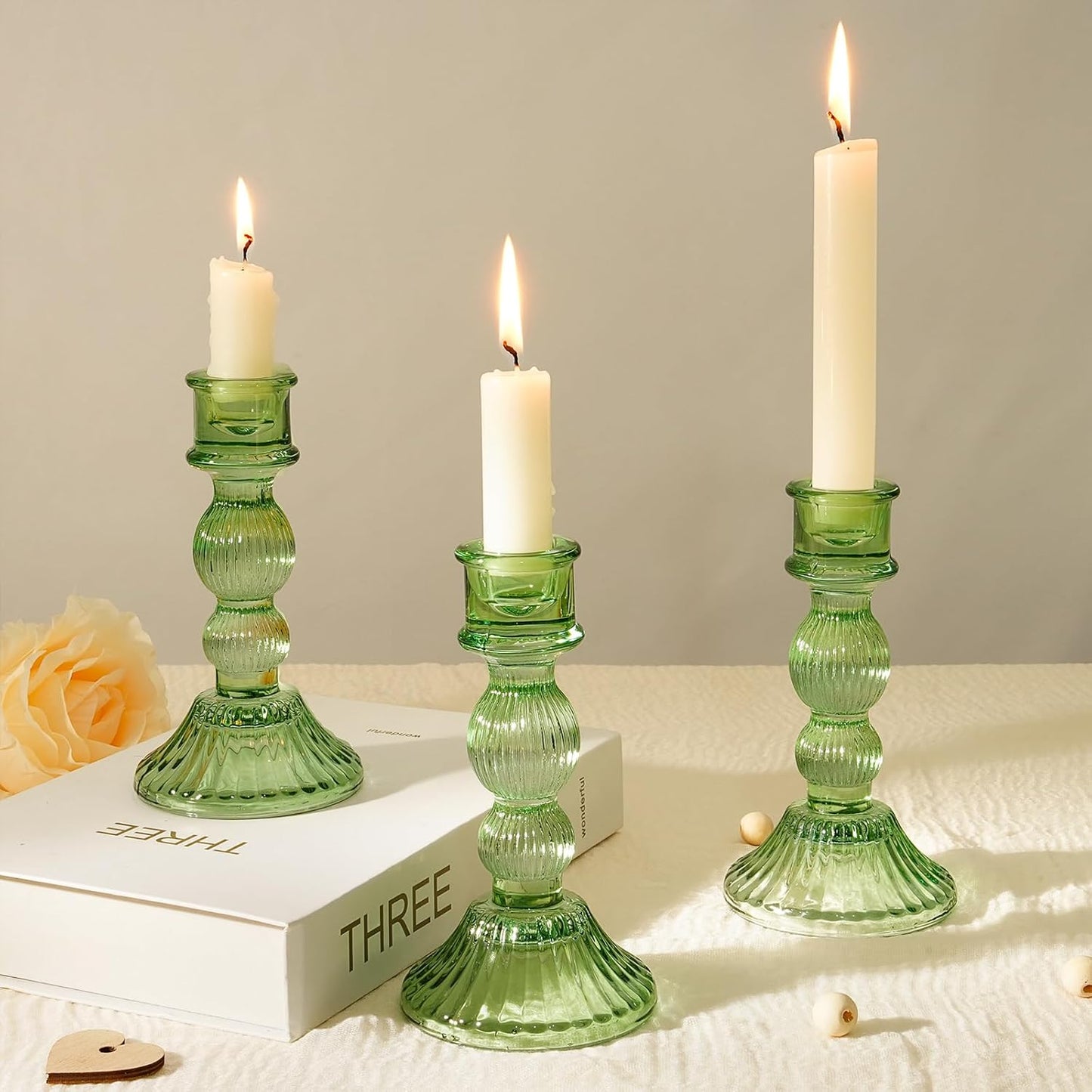 6" H Glass Candle Holder Set of 3, Taper Candles Holders - Candle Stick Holders for Home Decor Wedding Party & Table Centerpieces (Green, 3 Pcs)