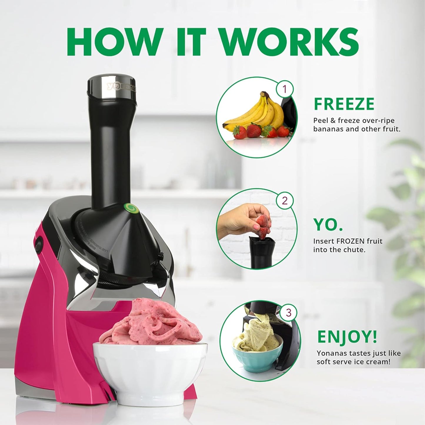 NEW - Yonanas 988HP Deluxe Vegan Non-Dairy Frozen Fruit Soft Serve Dessert Maker, BPA Free, Includes 75 Recipes, 200 Watts, Pink - Retail $59