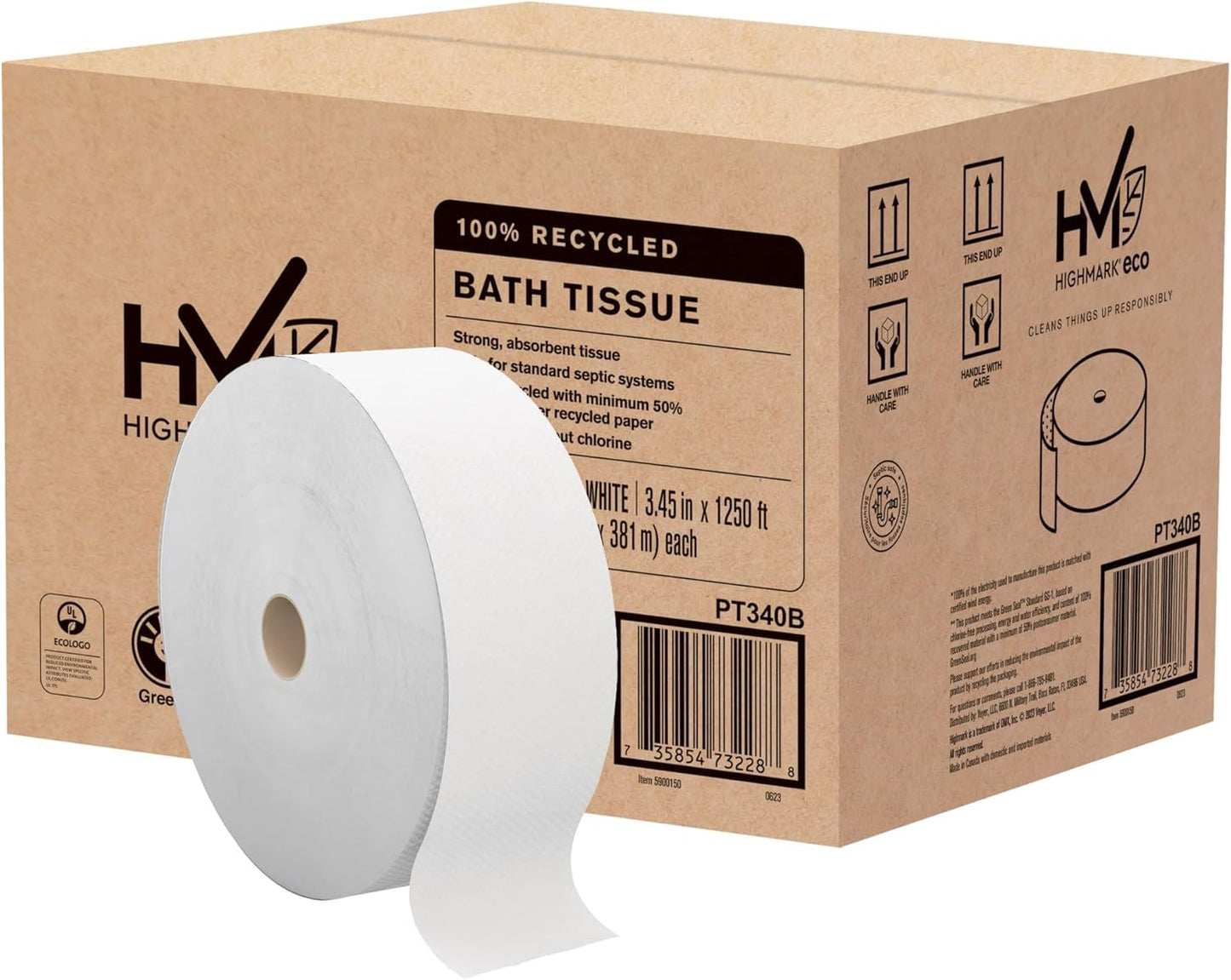 Highmark® JRT 2-Ply Jumbo Toilet Paper, 1250' Per Roll, 100% Recycled, White, Pack of 6 Rolls
