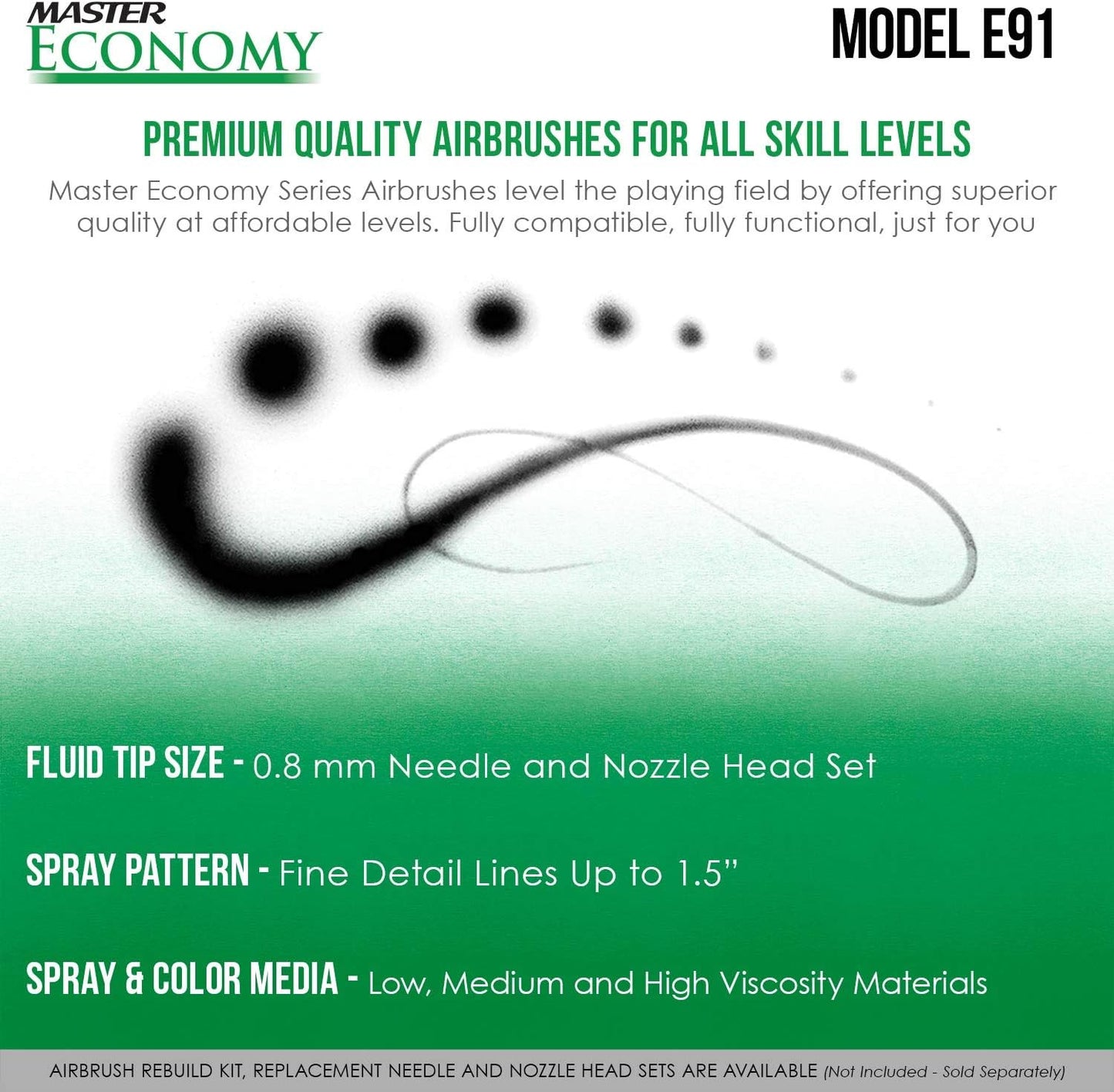 Master Airbrush Model E91 Airbrush Set Master Single-Action External Mix Siphon Feed Airbrush Set with 0.8mm Tip and 1/8" air inlet