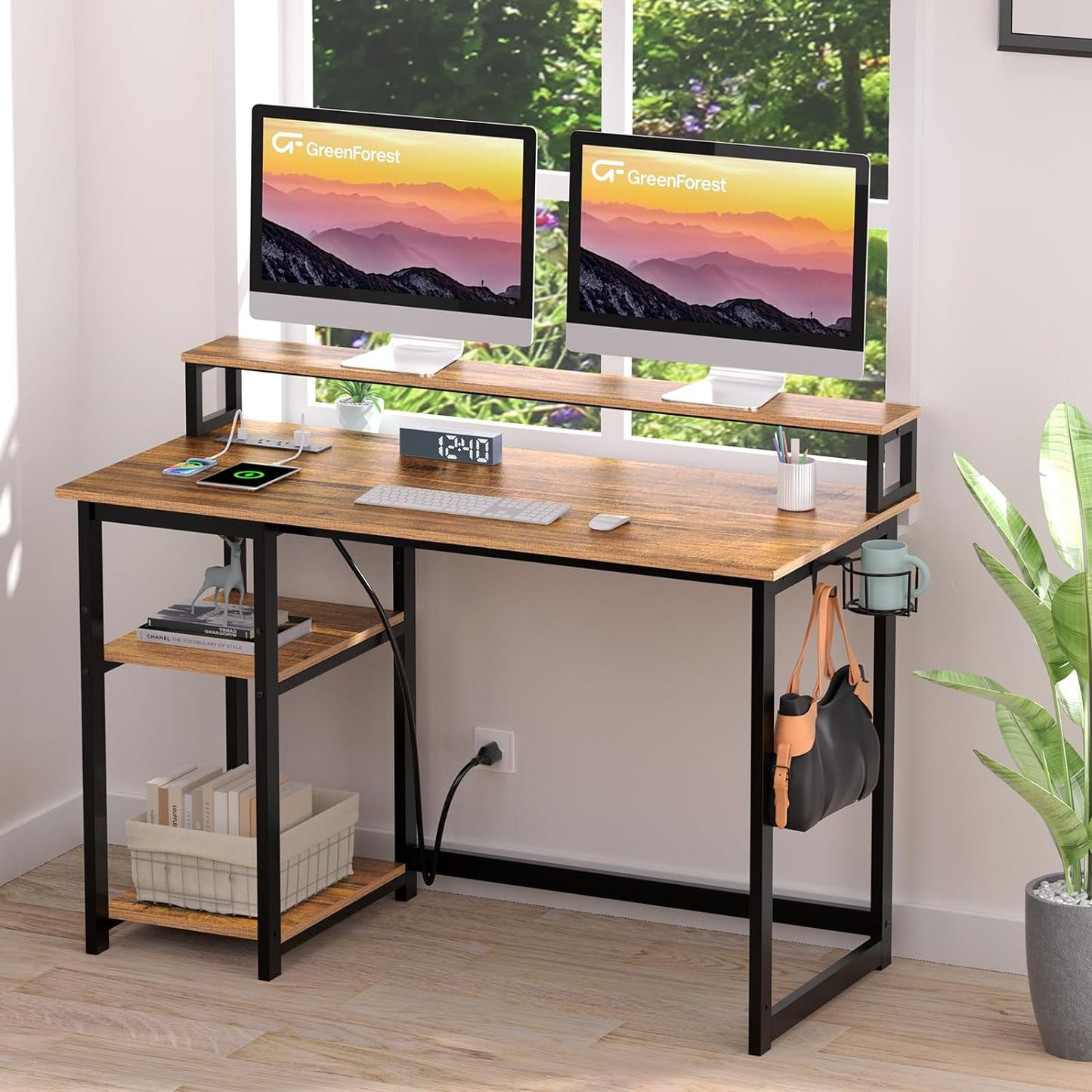 NEW - GreenForest Computer Desk with USB Charging Port and Power Outlet, Reversible Home Office Desk with Monitor Stand and Storage Shelves, 40 inch Work Desk with Cup Holder and Hook, Walnut - Retail $99