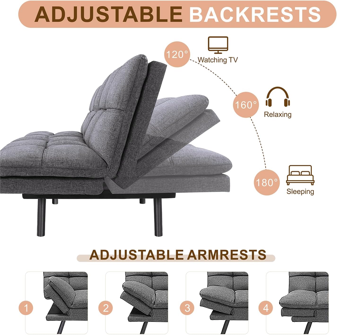 NEW - MUUEGM Futon Sofa Bed, Memory Foam Futon Sleeper Sofa Convertible Couch Fabric 71 Inch Futons with ArmRest, Metal Legs, Living Room Small & Compact Spaces, Easy Assemblyï¼ŒGrey - Retail $284