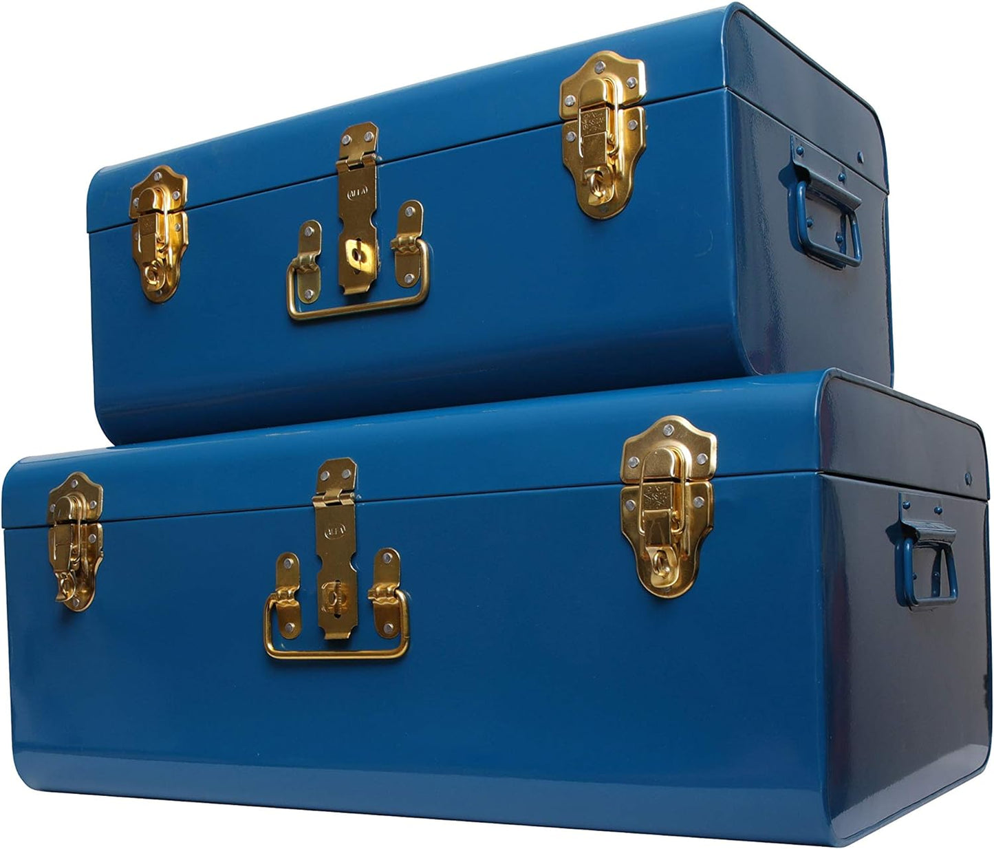 Zanzer Trunk Set - Vintage Style Storage w/Gold Finish Handles & Locks - Space Saving Organizer Home Dorm & Office Use (Blue, 2 Trunks) - Retail $109
