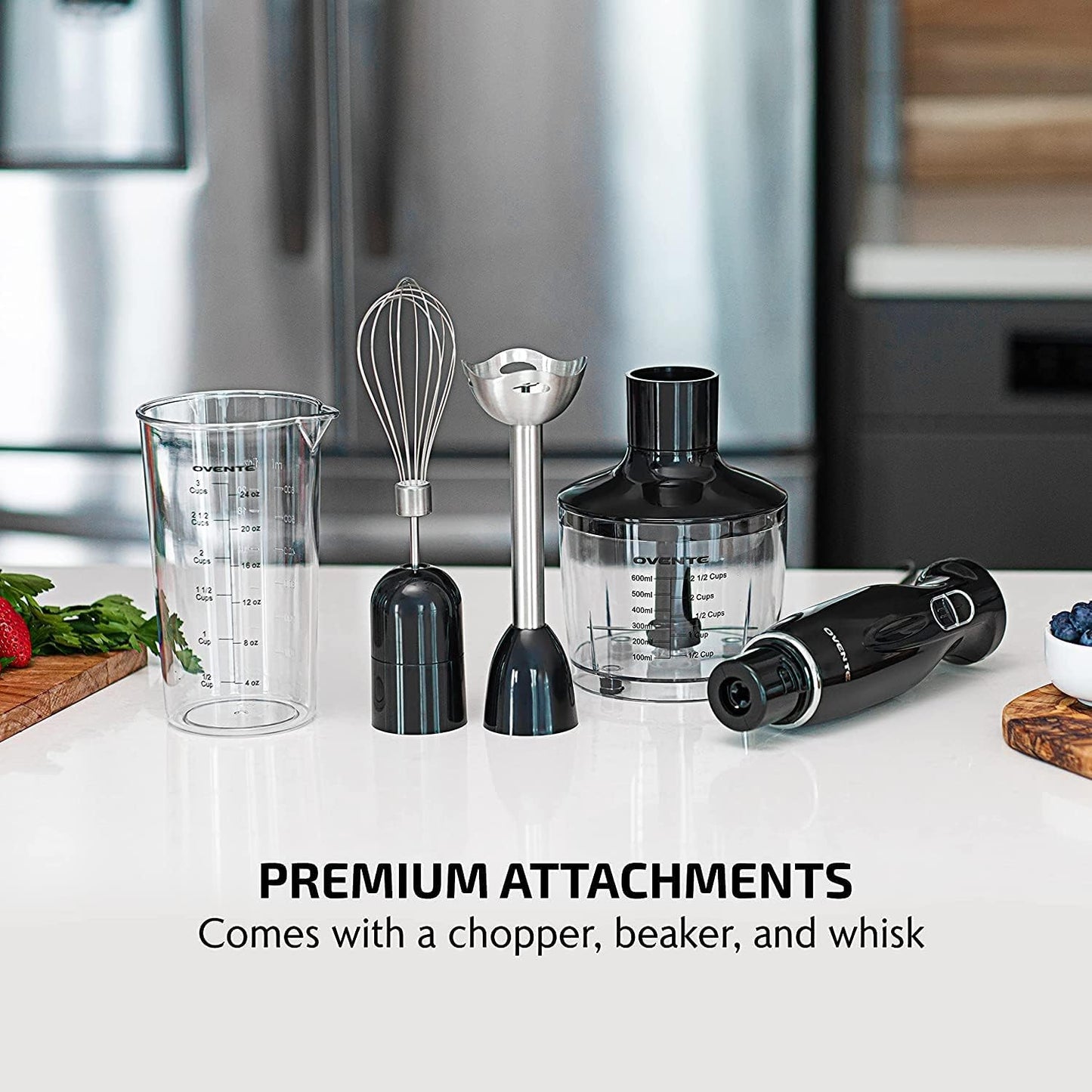 OVENTE Immersion Hand Blender, 300W Electric Handheld Portable Stick Mixer Set with 2 Mixing Speed, Stainless Steel Blades, Egg Whisk Attachment, Mixing Beaker and BPA-Free Food Chopper, Black HS565B