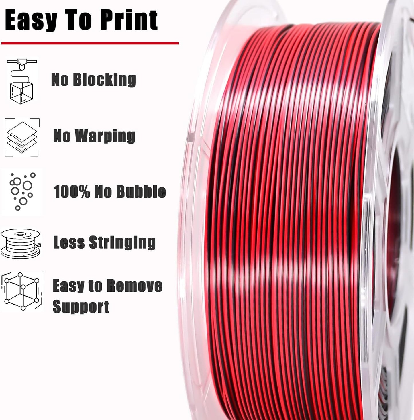 PLA Filament 1.75mm, Silk PLA 3D Printer Filament, High Speed Printing Dual Color Filament Black Red 2 in 1 Coextrusion 1.75 PLA Filament +/-0.02mm, 1kg/2.2lb